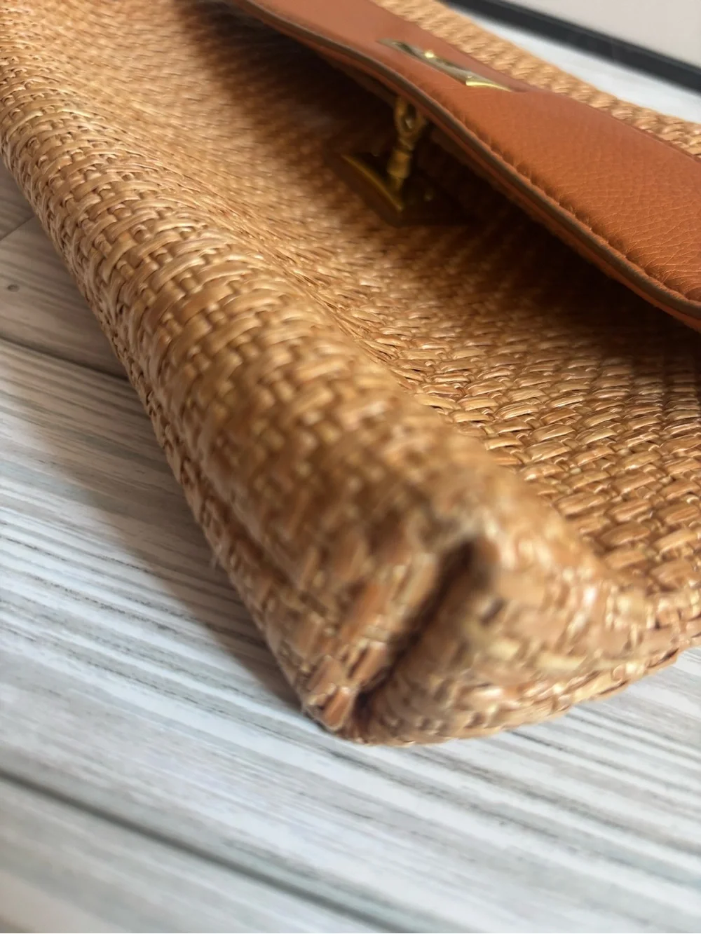 J. Crew Woven Straw Clutch with Tan Leather Trim and Turnlock Closure